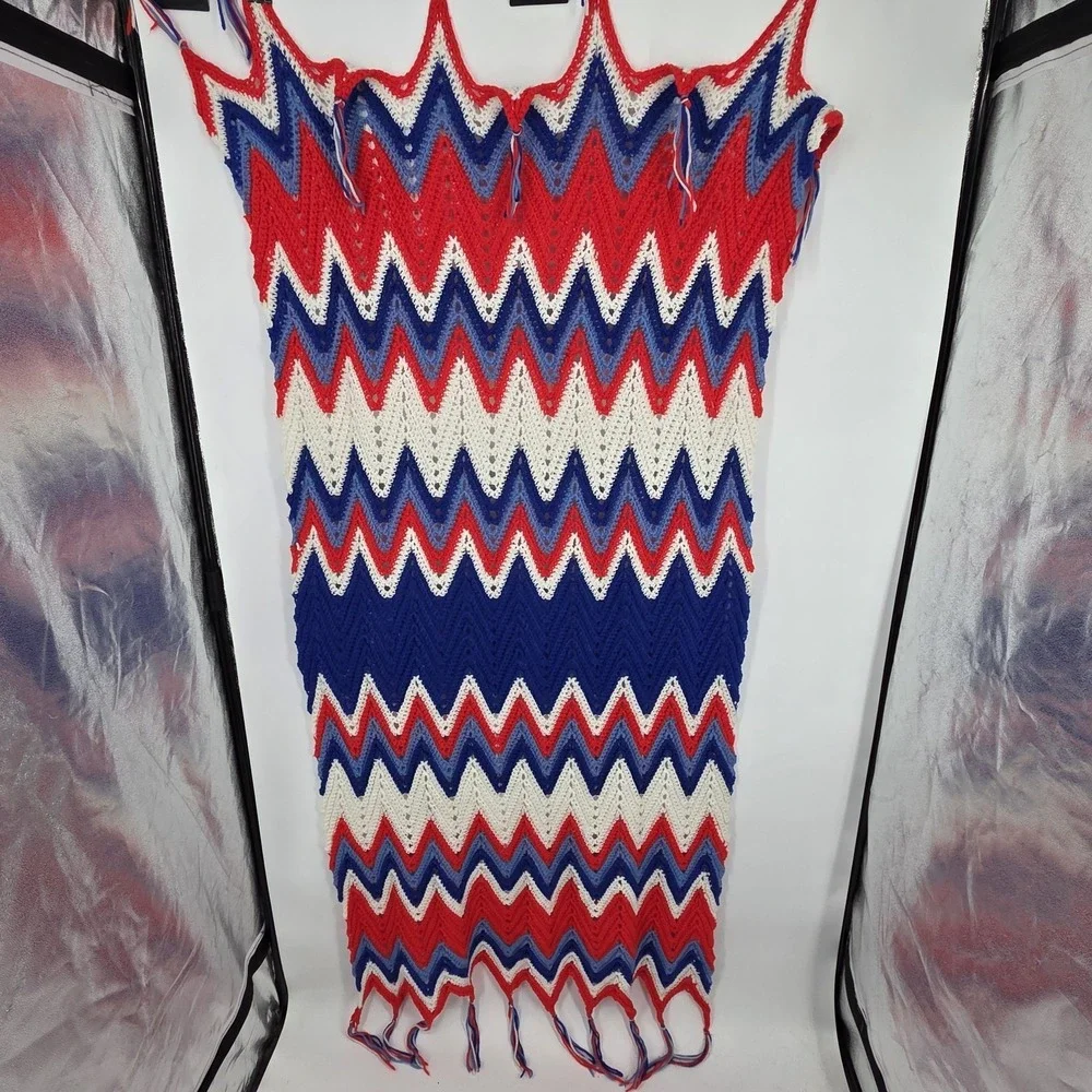 Vintage Handmade Crochet Afghan Blanket With Fringe – Red/White/Blue 72